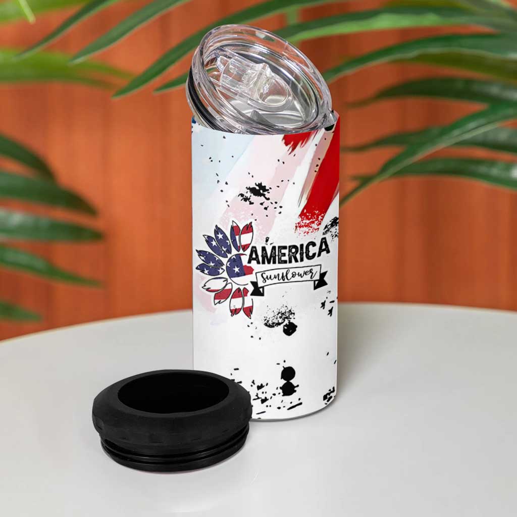Happy 4th Of July 4 in 1 Can Cooler Tumbler America Sunflower Flag American Patriotic Flower