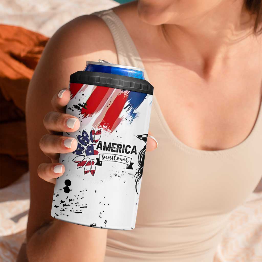 Happy 4th Of July 4 in 1 Can Cooler Tumbler America Sunflower Flag American Patriotic Flower