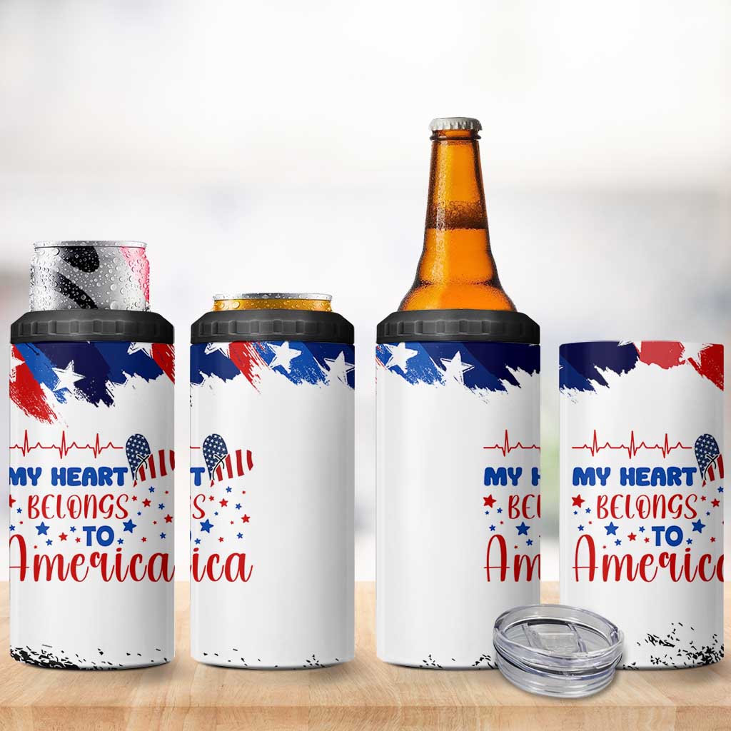 My Heart Belongs To America Patriotic 4 in 1 Can Cooler Tumbler 4th Of July Independence Day American Flag