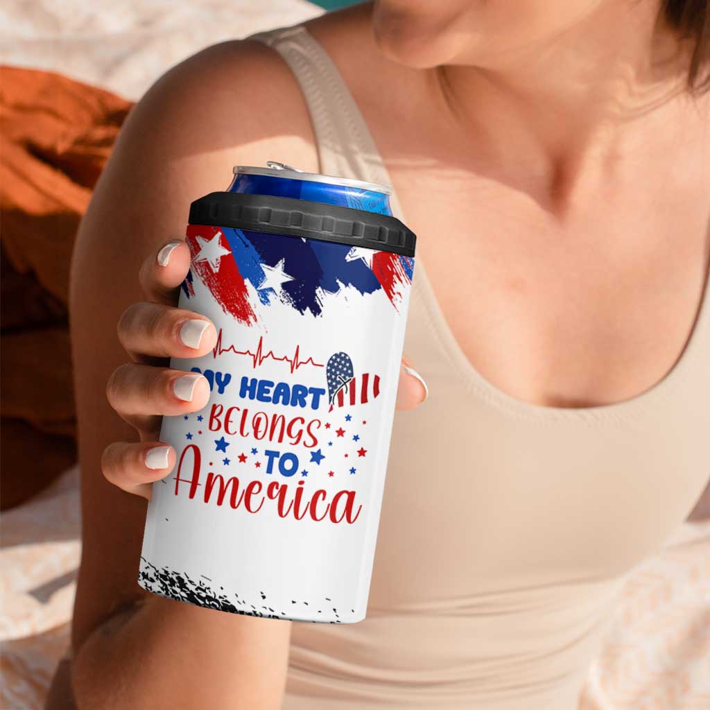 My Heart Belongs To America Patriotic 4 in 1 Can Cooler Tumbler 4th Of July Independence Day American Flag