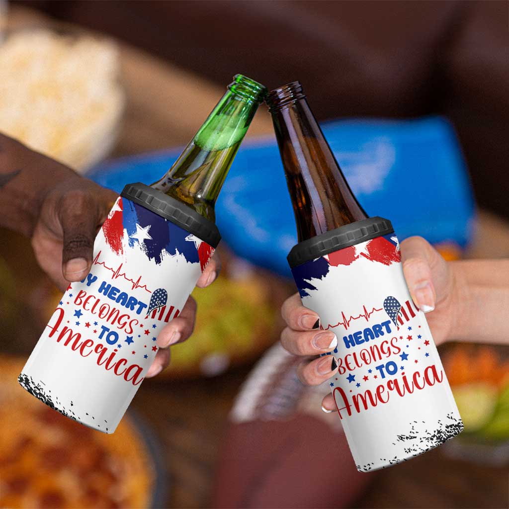 My Heart Belongs To America Patriotic 4 in 1 Can Cooler Tumbler 4th Of July Independence Day American Flag