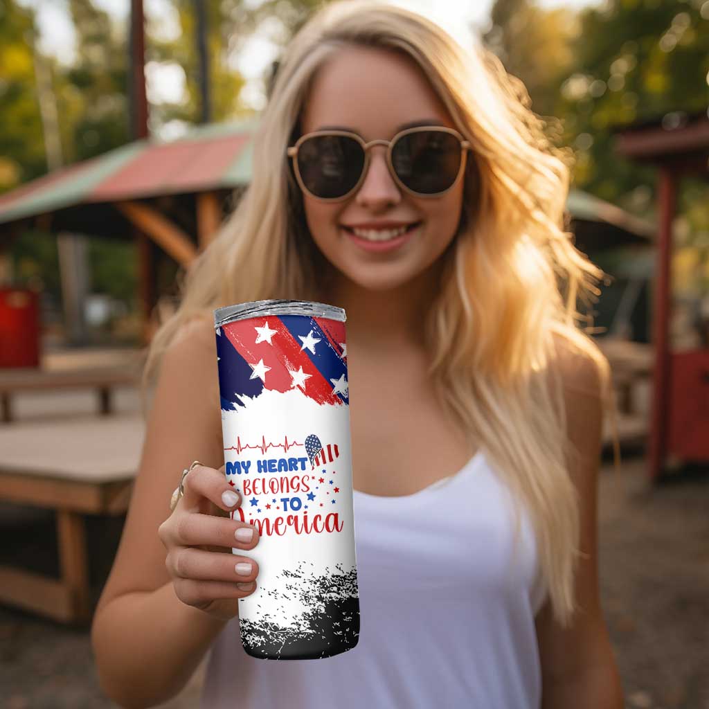 My Heart Belongs To America Patriotic Skinny Tumbler 4th Of July Independence Day American Flag