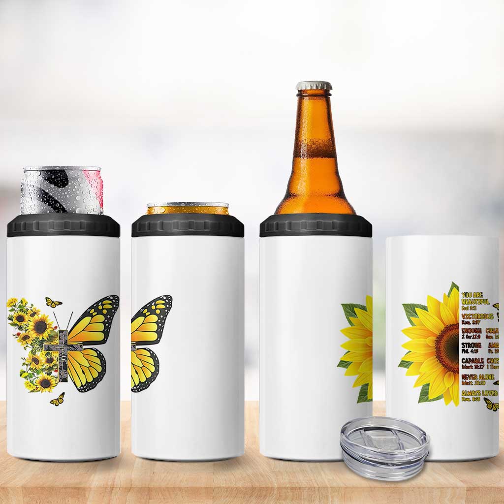 Sunflower Christian Gifts for Women 4 in 1 Can Cooler Tumbler Flower Inspiration Religious Bible Verse Encouragement