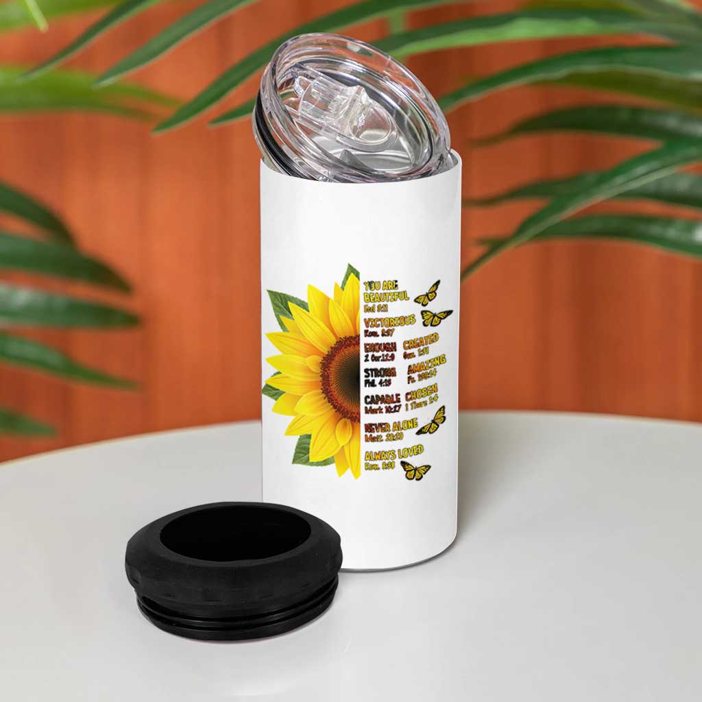 Sunflower Christian Gifts for Women 4 in 1 Can Cooler Tumbler Flower Inspiration Religious Bible Verse Encouragement