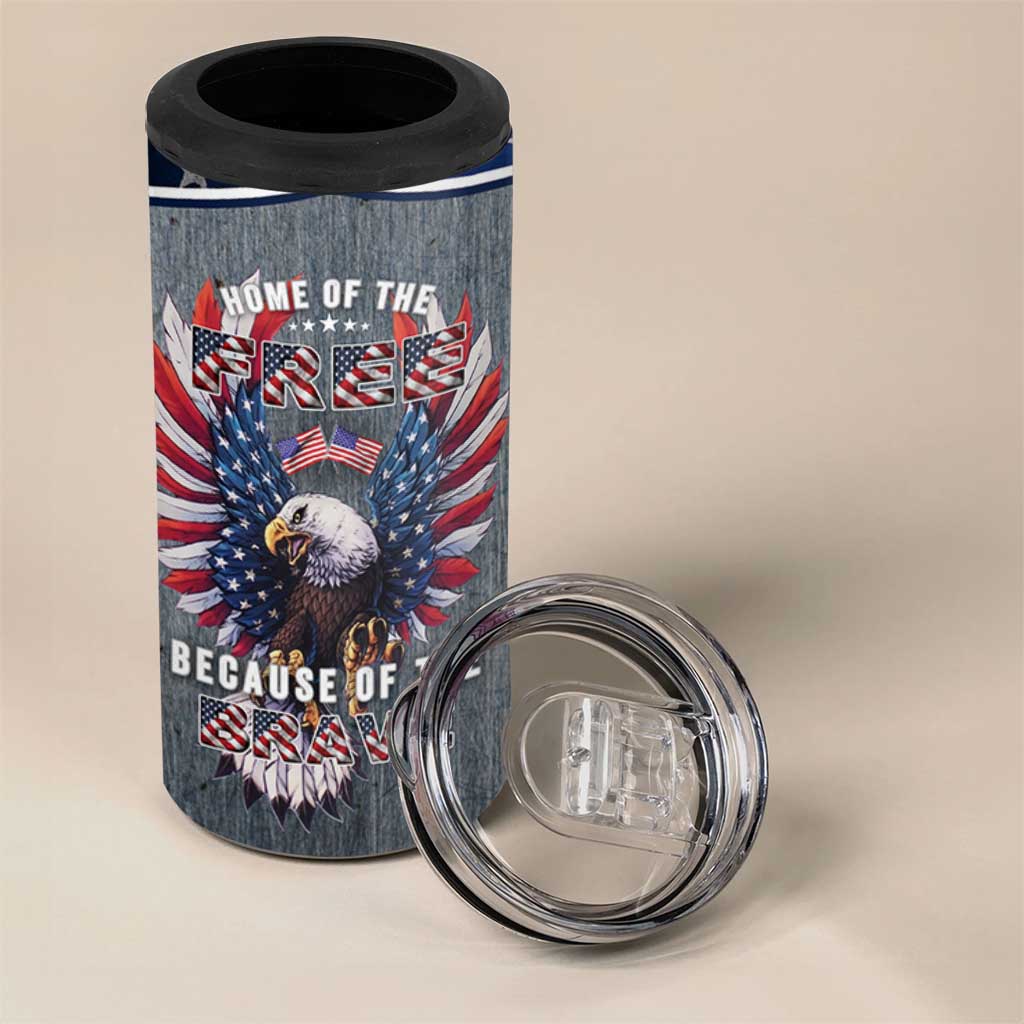 American Flag Patriotic 4 in 1 Can Cooler Tumbler Land Of The Free Because Of The Brave USA Flag Bald Eagle