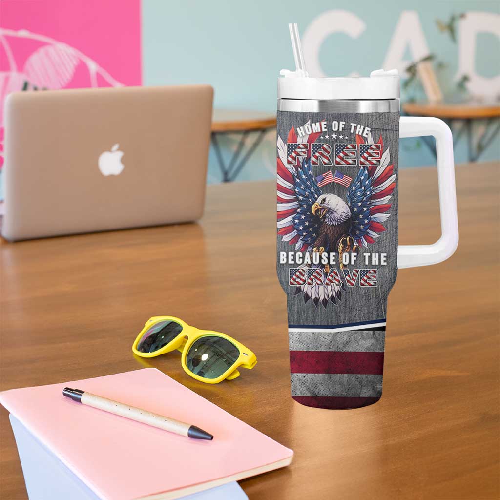 American Flag Patriotic Tumbler With Handle Land Of The Free Because Of The Brave USA Flag Bald Eagle