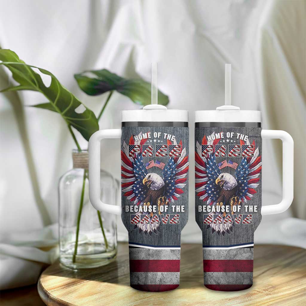American Flag Patriotic Tumbler With Handle Land Of The Free Because Of The Brave USA Flag Bald Eagle