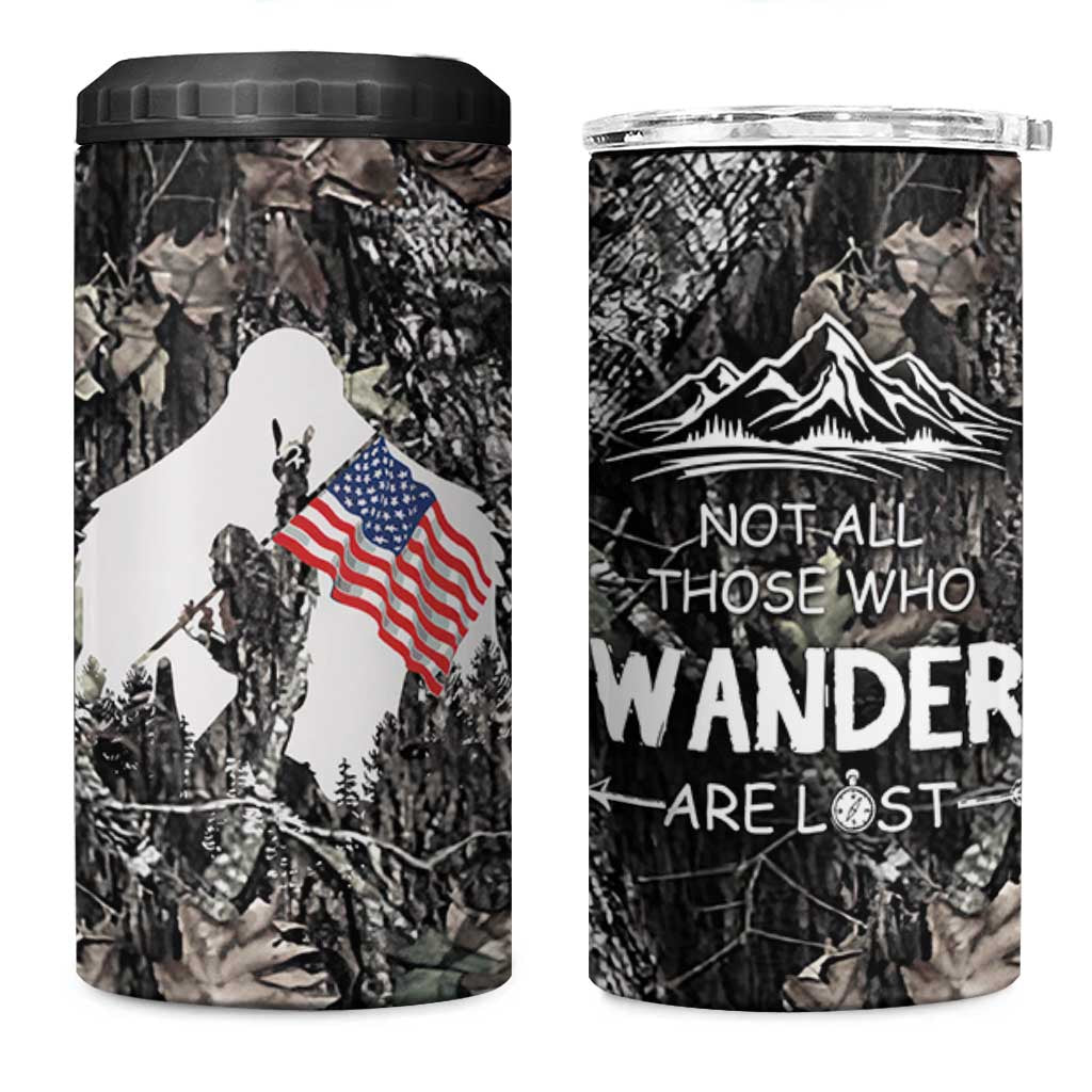 Bigfoot Camping 4 in 1 Can Cooler Tumbler Not All Who Wander Are Lost Sasquatch