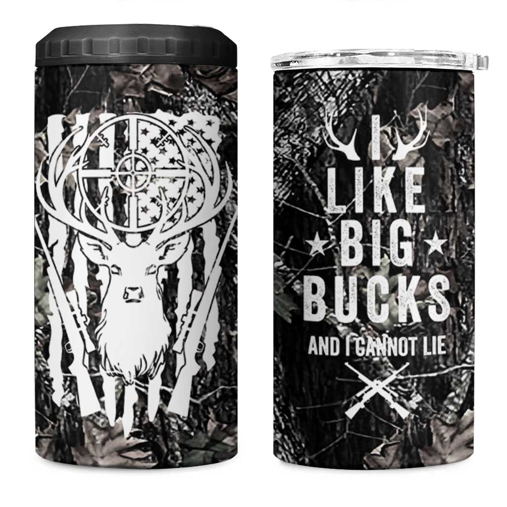 Funny Hunting 4 in 1 Can Cooler Tumbler Camo Deer American Flag I Like Big Bucks I Cannot Lie