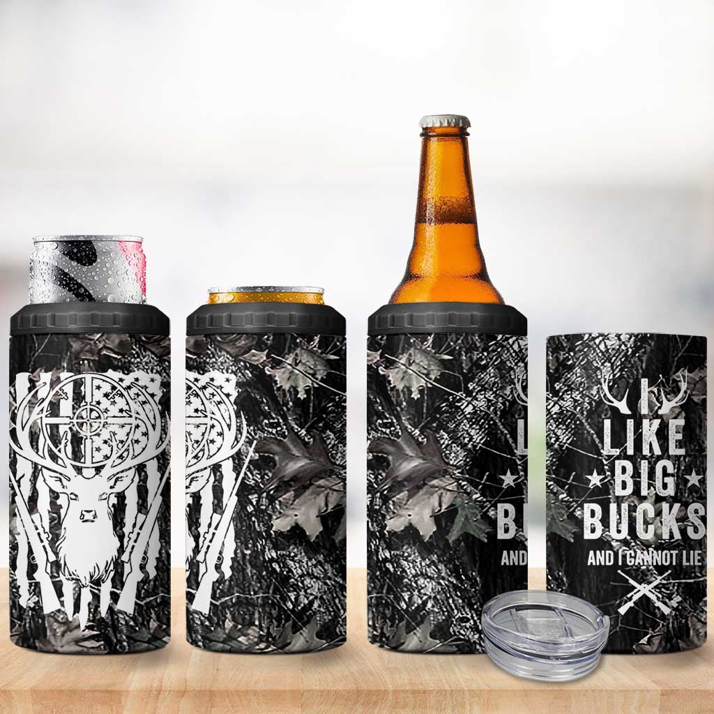 Funny Hunting 4 in 1 Can Cooler Tumbler Camo Deer American Flag I Like Big Bucks I Cannot Lie