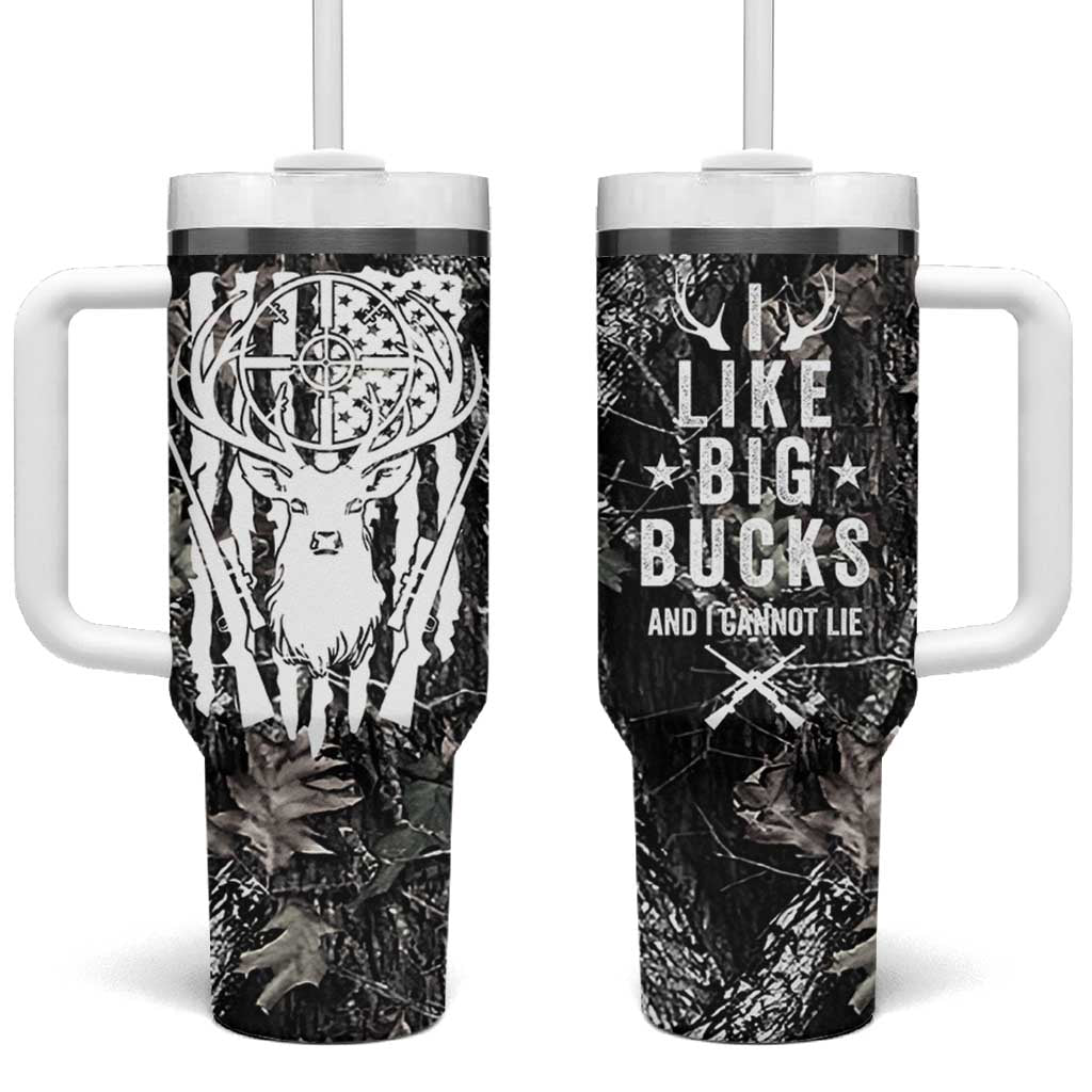 Funny Hunting Tumbler With Handle Camo Deer American Flag I Like Big Bucks I Cannot Lie