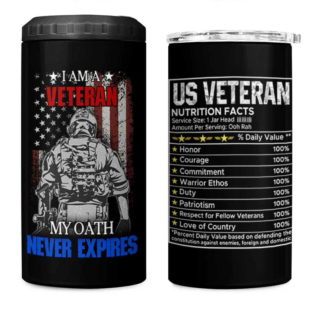 US Veteran 4 in 1 Can Cooler Tumbler I am A Veteran My Oath Never Expires Distressed US Flag