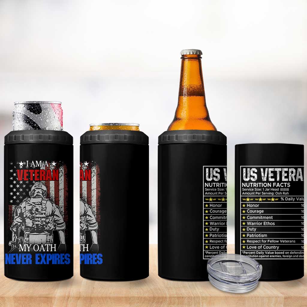 US Veteran 4 in 1 Can Cooler Tumbler I am A Veteran My Oath Never Expires Distressed US Flag