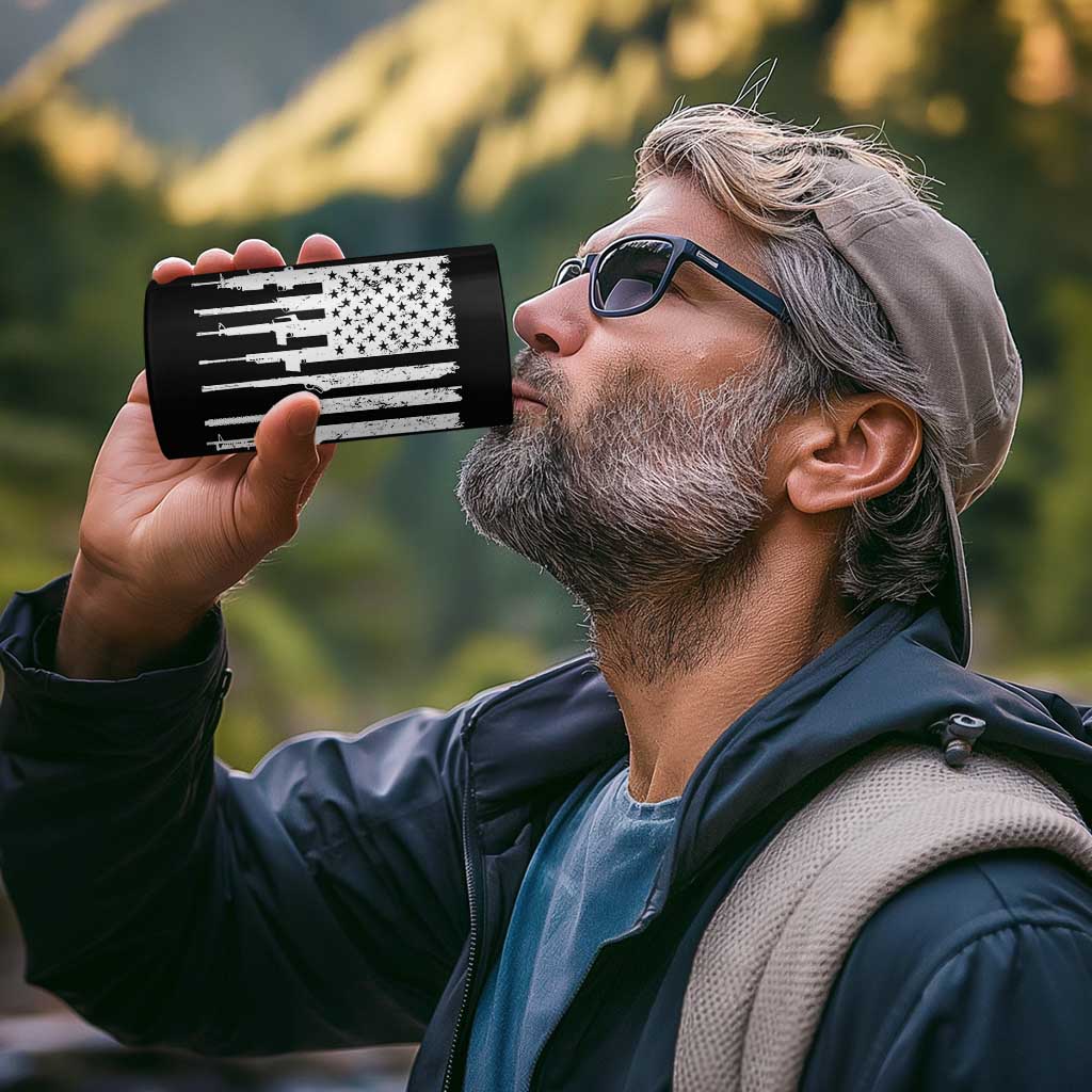 Gun Lovers 4 in 1 Can Cooler Tumbler Enjoy Long Romantic Walks To The Gun Shop USA Flag