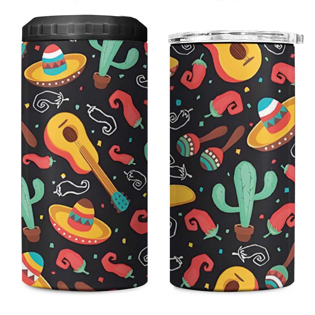 Mexican 4 in 1 Can Cooler Tumbler Hot Sombrero Cactus Guitar Black Mexican Fiesta Cinco De Mayo