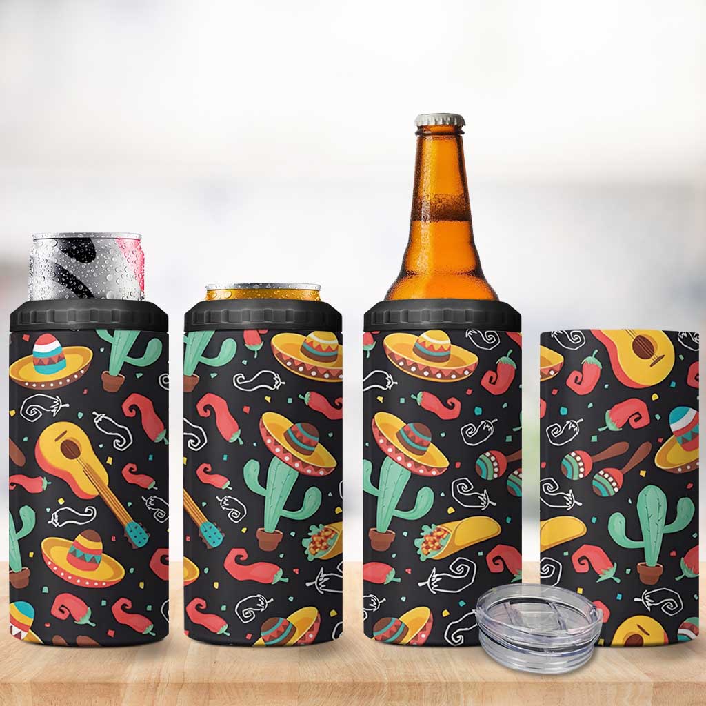 Mexican 4 in 1 Can Cooler Tumbler Hot Sombrero Cactus Guitar Black Mexican Fiesta Cinco De Mayo