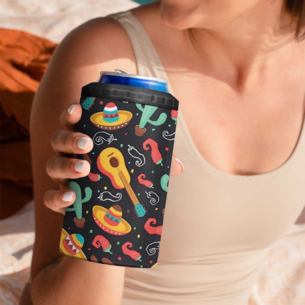 Mexican 4 in 1 Can Cooler Tumbler Hot Sombrero Cactus Guitar Black Mexican Fiesta Cinco De Mayo