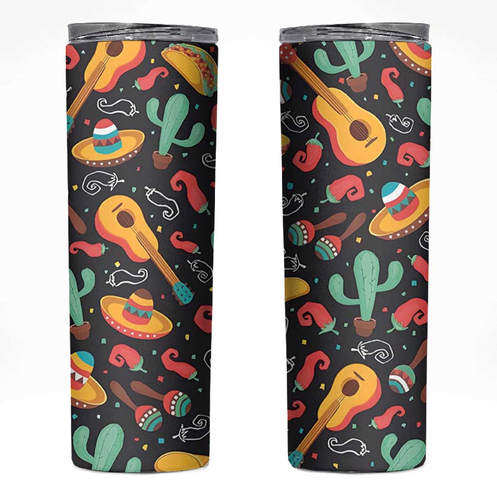 Mexican Skinny Tumbler Hot Sombrero Cactus Guitar Black Mexican Fiesta Cinco De Mayo