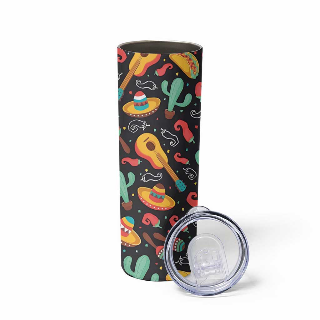 Mexican Skinny Tumbler Hot Sombrero Cactus Guitar Black Mexican Fiesta Cinco De Mayo
