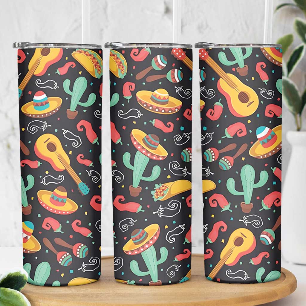 Mexican Skinny Tumbler Hot Sombrero Cactus Guitar Black Mexican Fiesta Cinco De Mayo