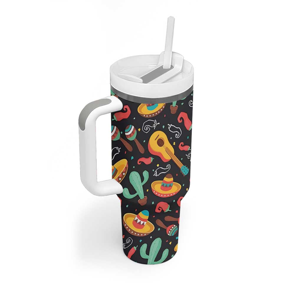 Mexican Tumbler With Handle Hot Sombrero Cactus Guitar Black Mexican Fiesta Cinco De Mayo