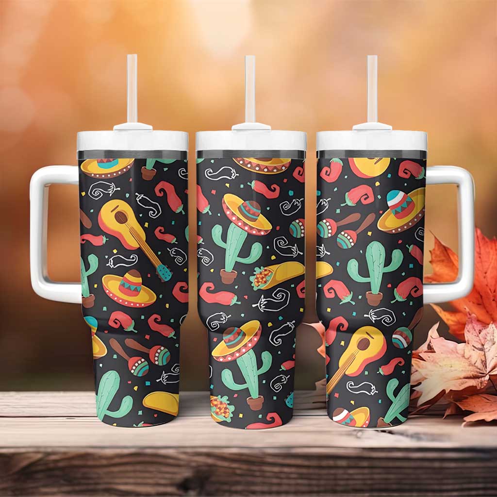 Mexican Tumbler With Handle Hot Sombrero Cactus Guitar Black Mexican Fiesta Cinco De Mayo