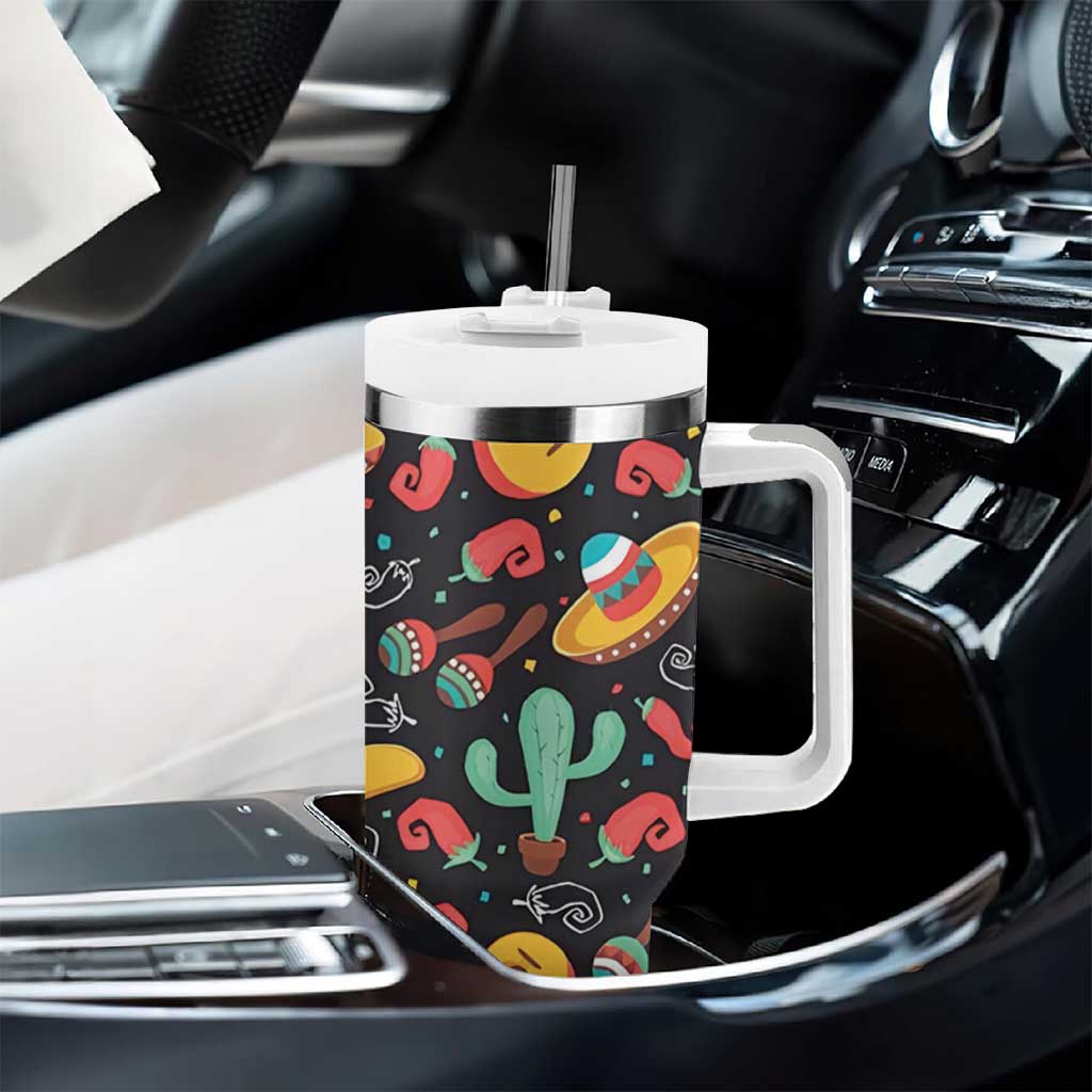 Mexican Tumbler With Handle Hot Sombrero Cactus Guitar Black Mexican Fiesta Cinco De Mayo