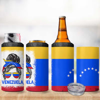Venezuelan Girl 4 in 1 Can Cooler Tumbler Messy Bun Venezuela Flag Heritage Venezuelan Women Girls