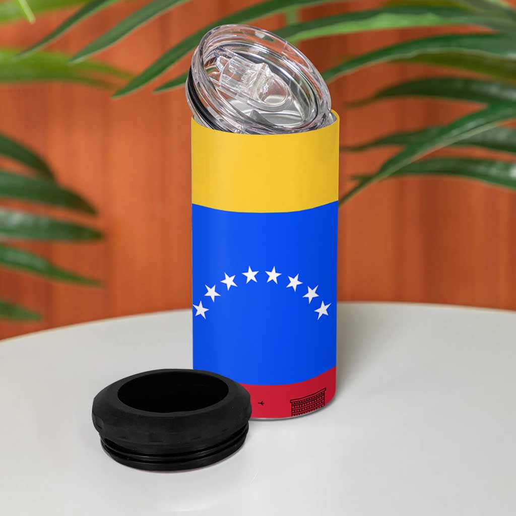 Venezuelan Girl 4 in 1 Can Cooler Tumbler Messy Bun Venezuela Flag Heritage Venezuelan Women Girls