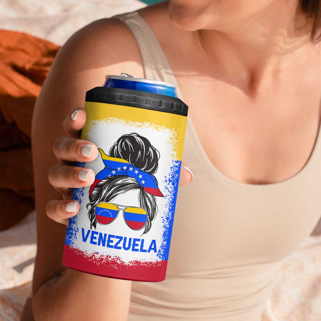 Venezuelan Girl 4 in 1 Can Cooler Tumbler Messy Bun Venezuela Flag Heritage Venezuelan Women Girls