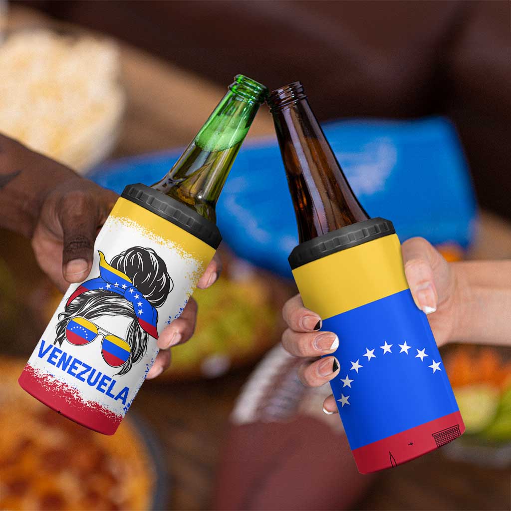 Venezuelan Girl 4 in 1 Can Cooler Tumbler Messy Bun Venezuela Flag Heritage Venezuelan Women Girls