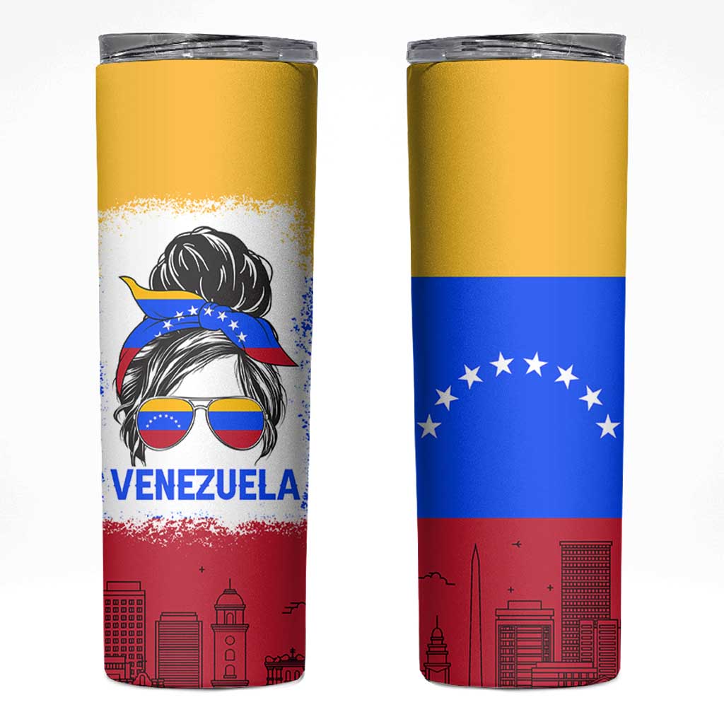 Venezuelan Girl Skinny Tumbler Messy Bun Venezuela Flag Heritage Venezuelan Women Girls