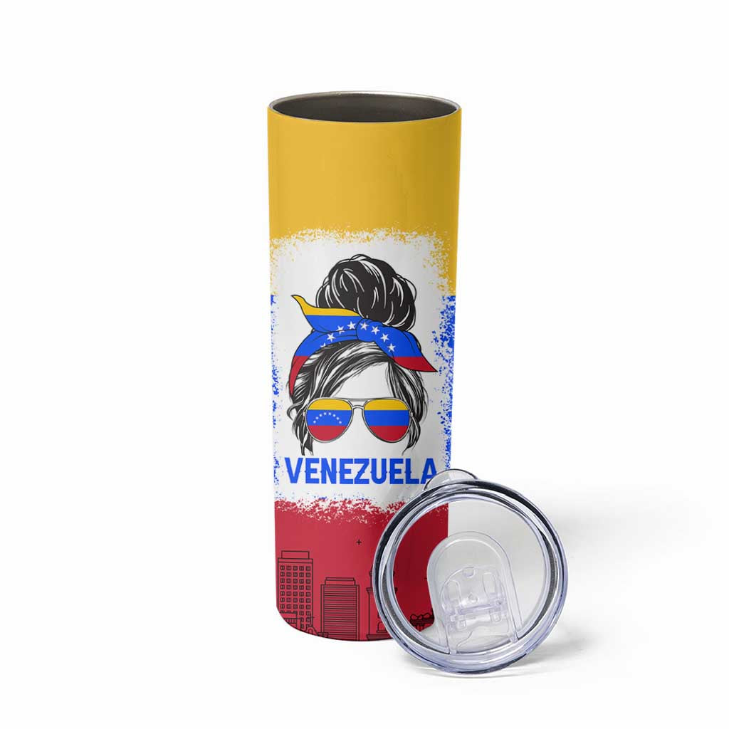 Venezuelan Girl Skinny Tumbler Messy Bun Venezuela Flag Heritage Venezuelan Women Girls