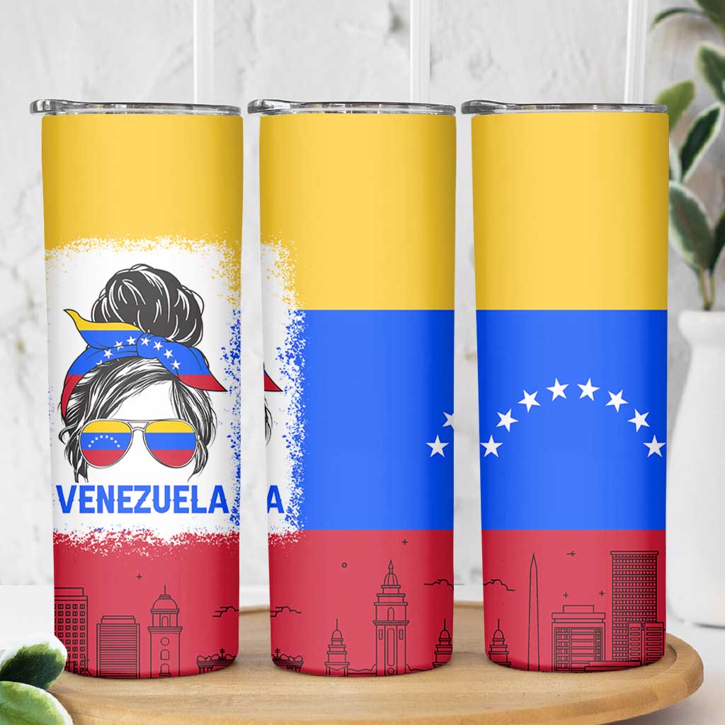 Venezuelan Girl Skinny Tumbler Messy Bun Venezuela Flag Heritage Venezuelan Women Girls