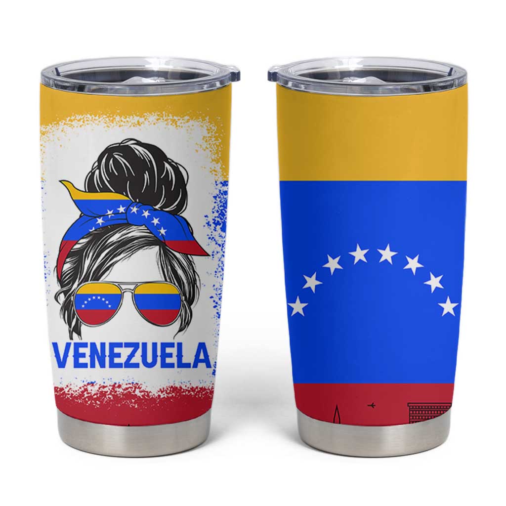 Venezuelan Girl Tumbler Cup Messy Bun Venezuela Flag Heritage Venezuelan Women Girls