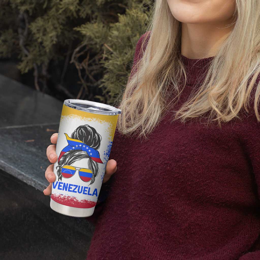 Venezuelan Girl Tumbler Cup Messy Bun Venezuela Flag Heritage Venezuelan Women Girls