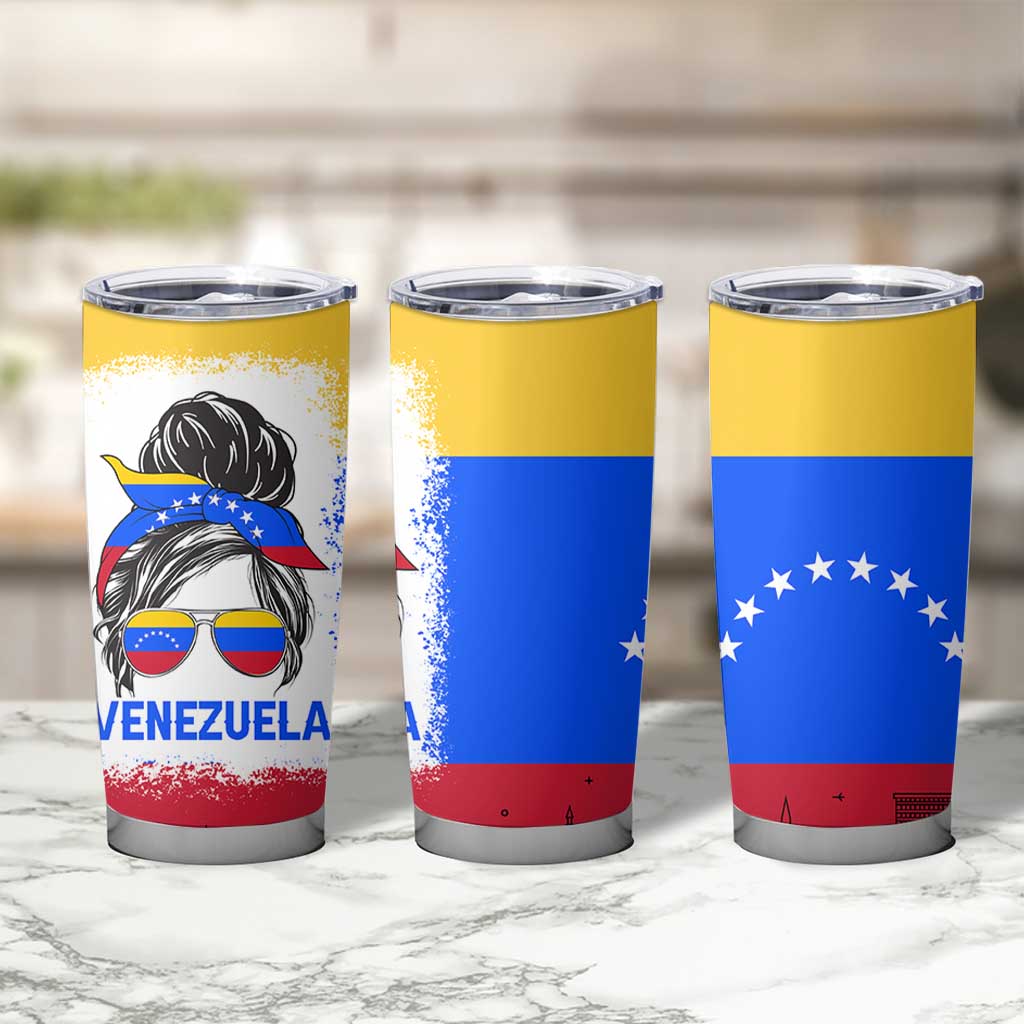 Venezuelan Girl Tumbler Cup Messy Bun Venezuela Flag Heritage Venezuelan Women Girls