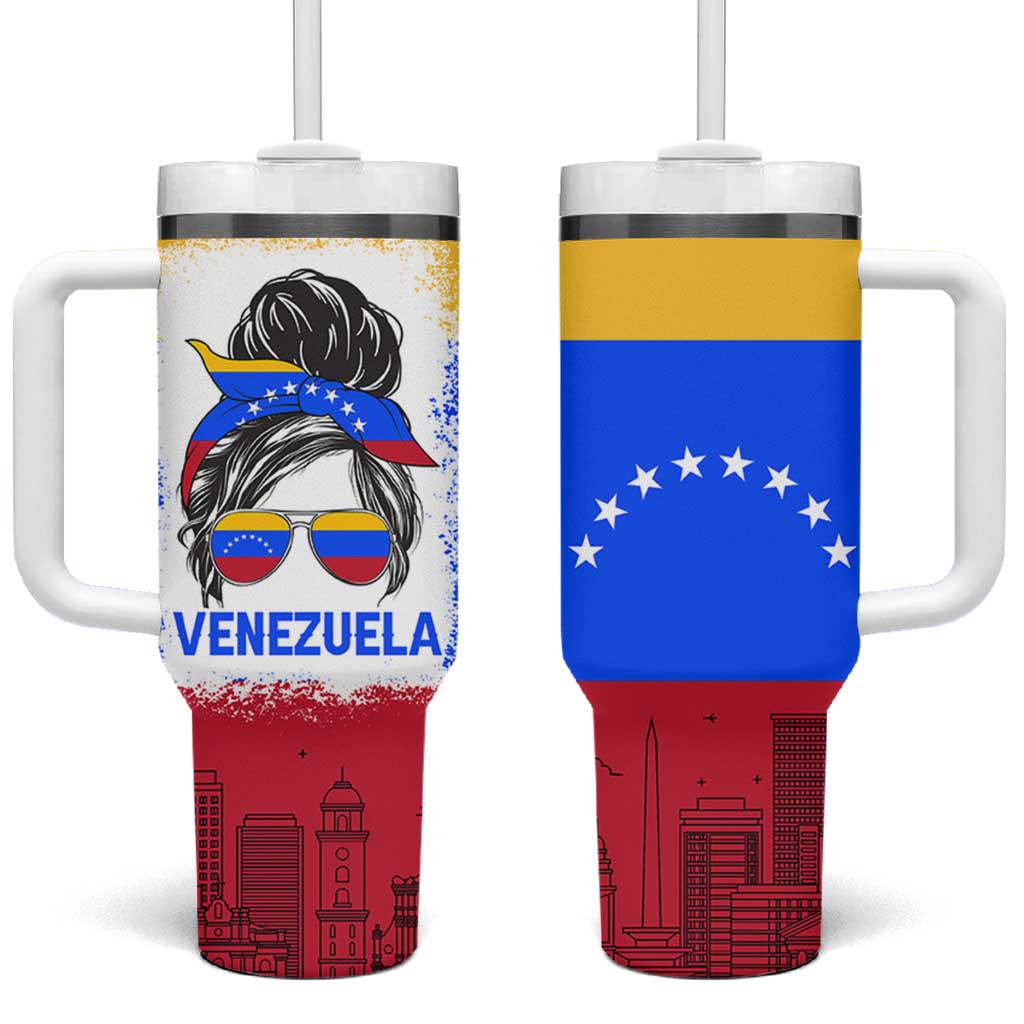 Venezuelan Girl Tumbler With Handle Messy Bun Venezuela Flag Heritage Venezuelan Women Girls