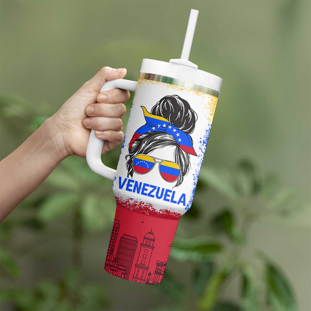 Venezuelan Girl Tumbler With Handle Messy Bun Venezuela Flag Heritage Venezuelan Women Girls