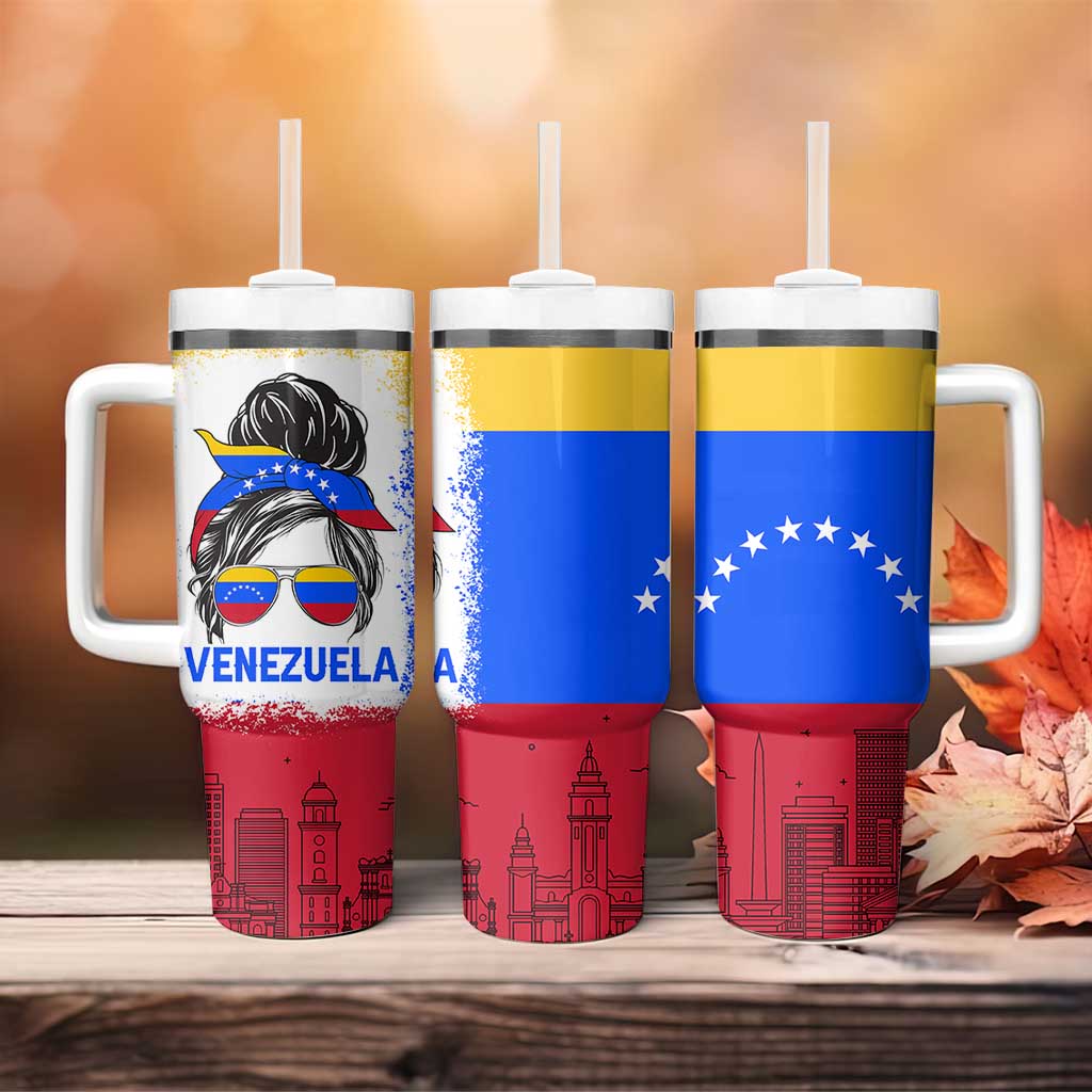 Venezuelan Girl Tumbler With Handle Messy Bun Venezuela Flag Heritage Venezuelan Women Girls