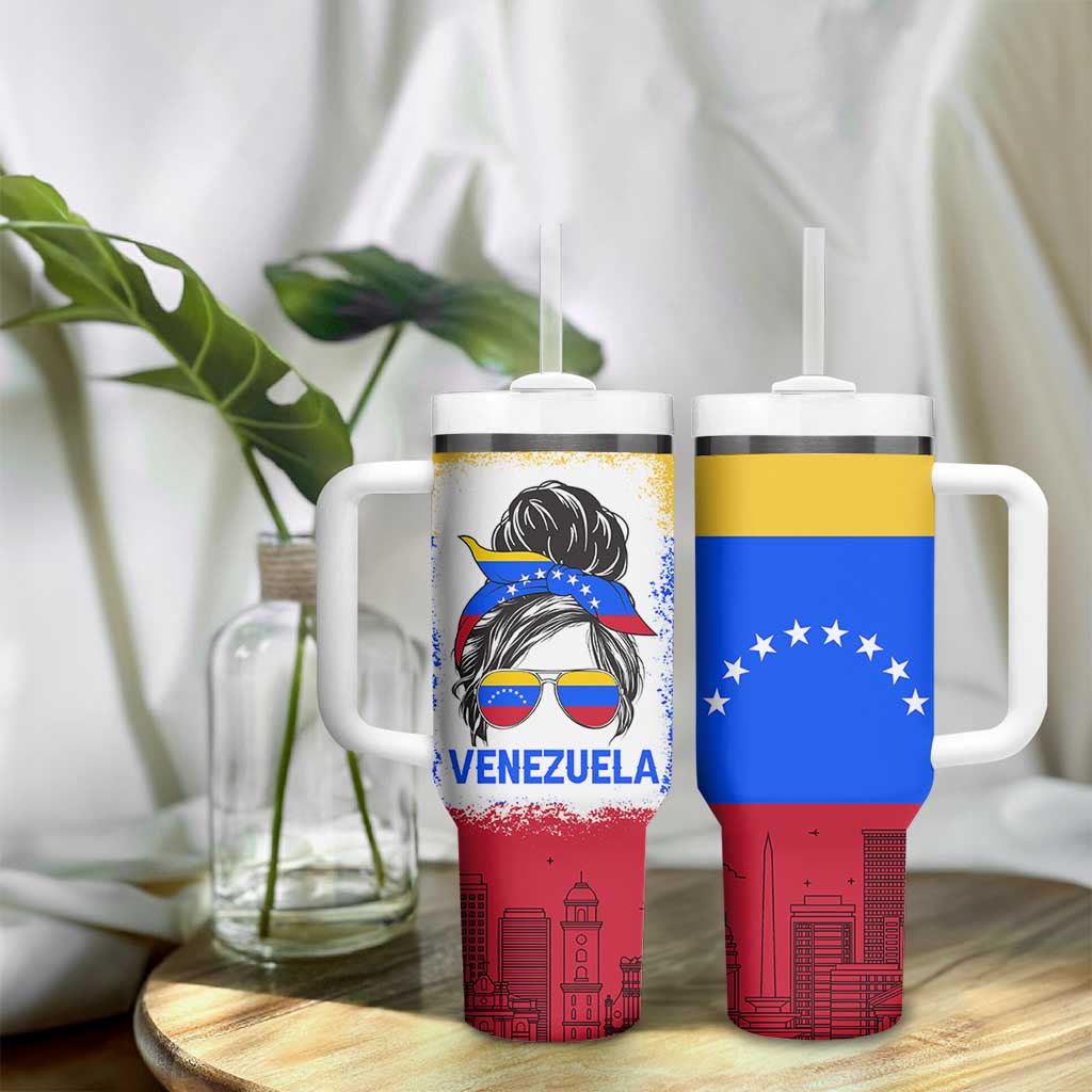 Venezuelan Girl Tumbler With Handle Messy Bun Venezuela Flag Heritage Venezuelan Women Girls