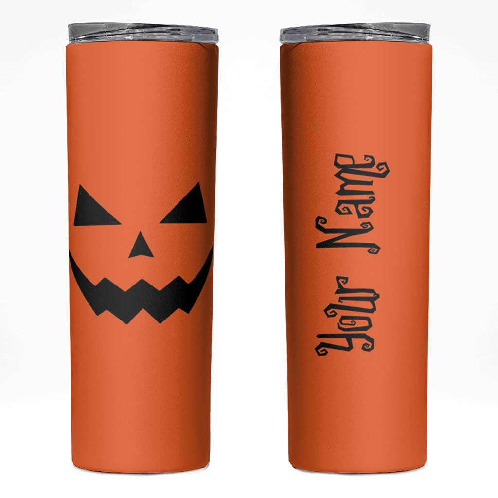 Personalized Halloween Pumpkin Face Skinny Tumbler Custom Name Travel Coffee Cup Orange - Wonder Print Shop