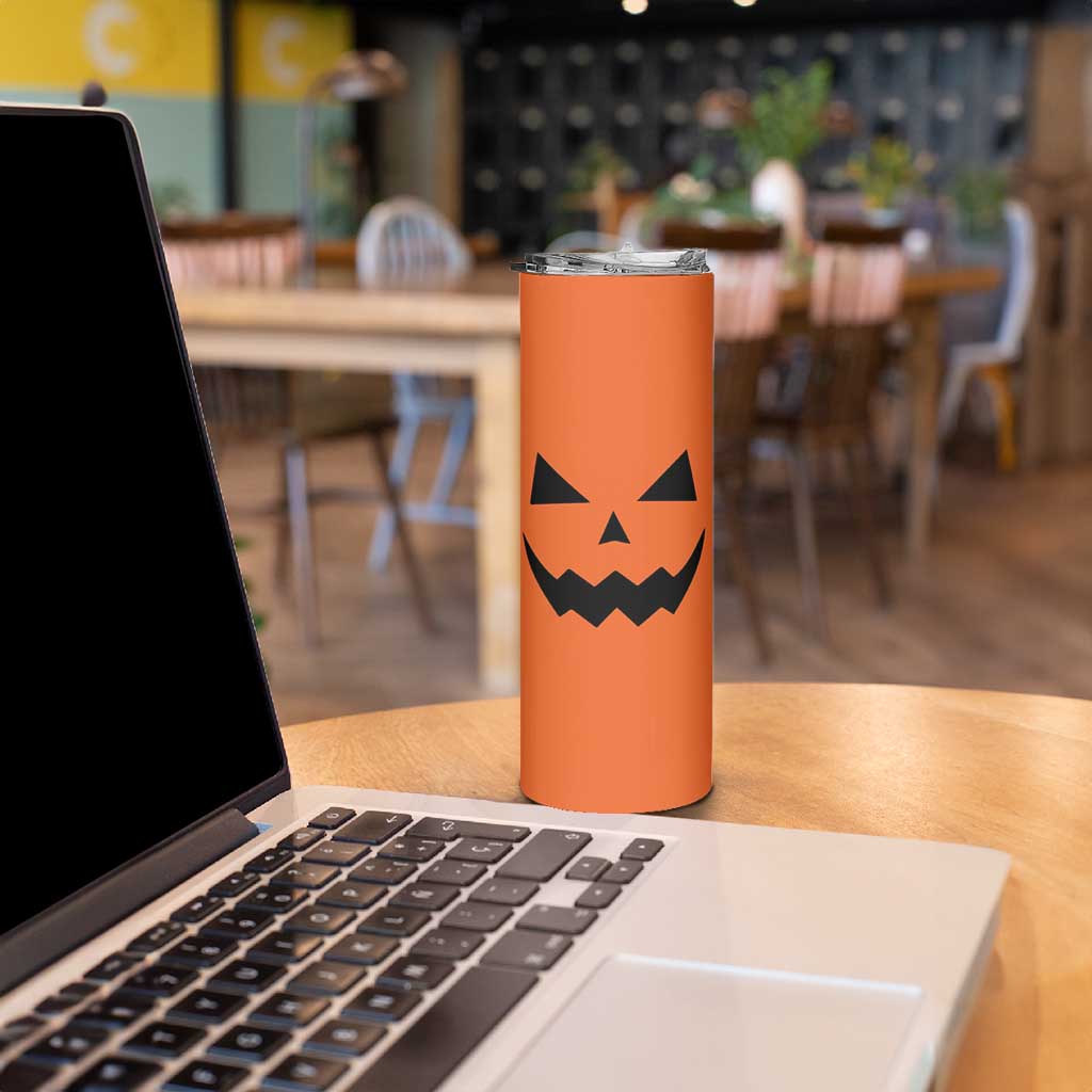 Personalized Halloween Pumpkin Face Skinny Tumbler Custom Name Travel Coffee Cup Orange - Wonder Print Shop