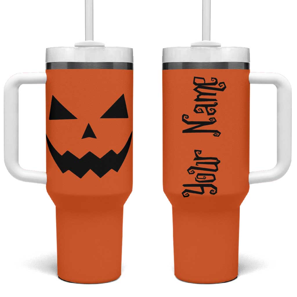 Personalized Halloween Pumpkin Face Tumbler With Handle Custom Name Travel Coffee Cup Orange - Wonder Print Shop