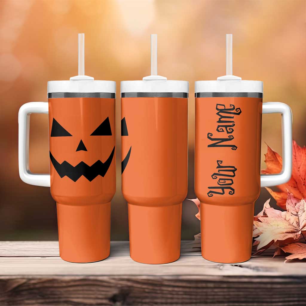 Personalized Halloween Pumpkin Face Tumbler With Handle Custom Name Travel Coffee Cup Orange - Wonder Print Shop
