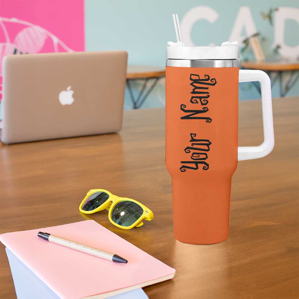 Personalized Halloween Pumpkin Face Tumbler With Handle Custom Name Travel Coffee Cup Orange - Wonder Print Shop