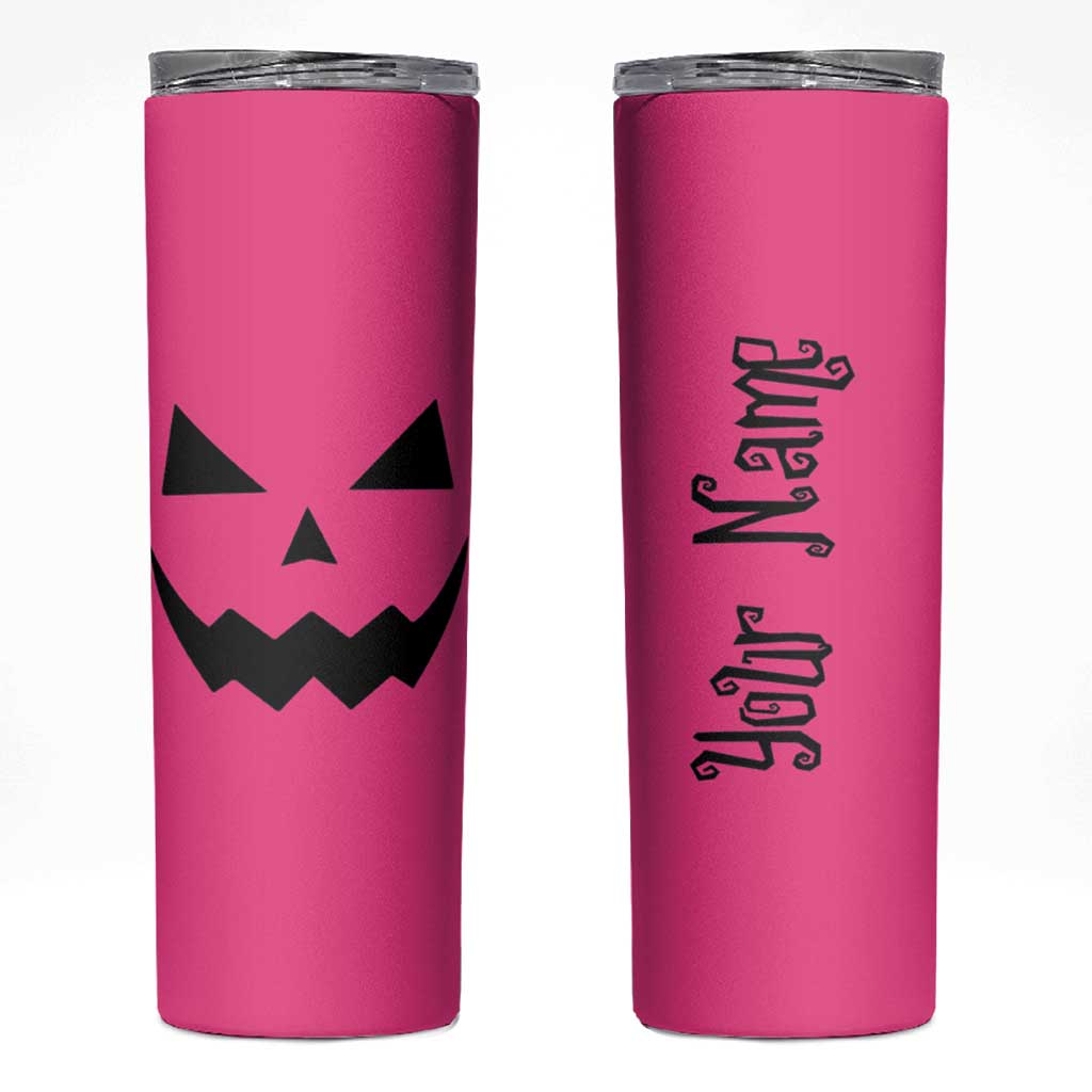 Personalized Halloween Pumpkin Face Skinny Tumbler Custom Name Travel Coffee Cup Pink - Wonder Print Shop