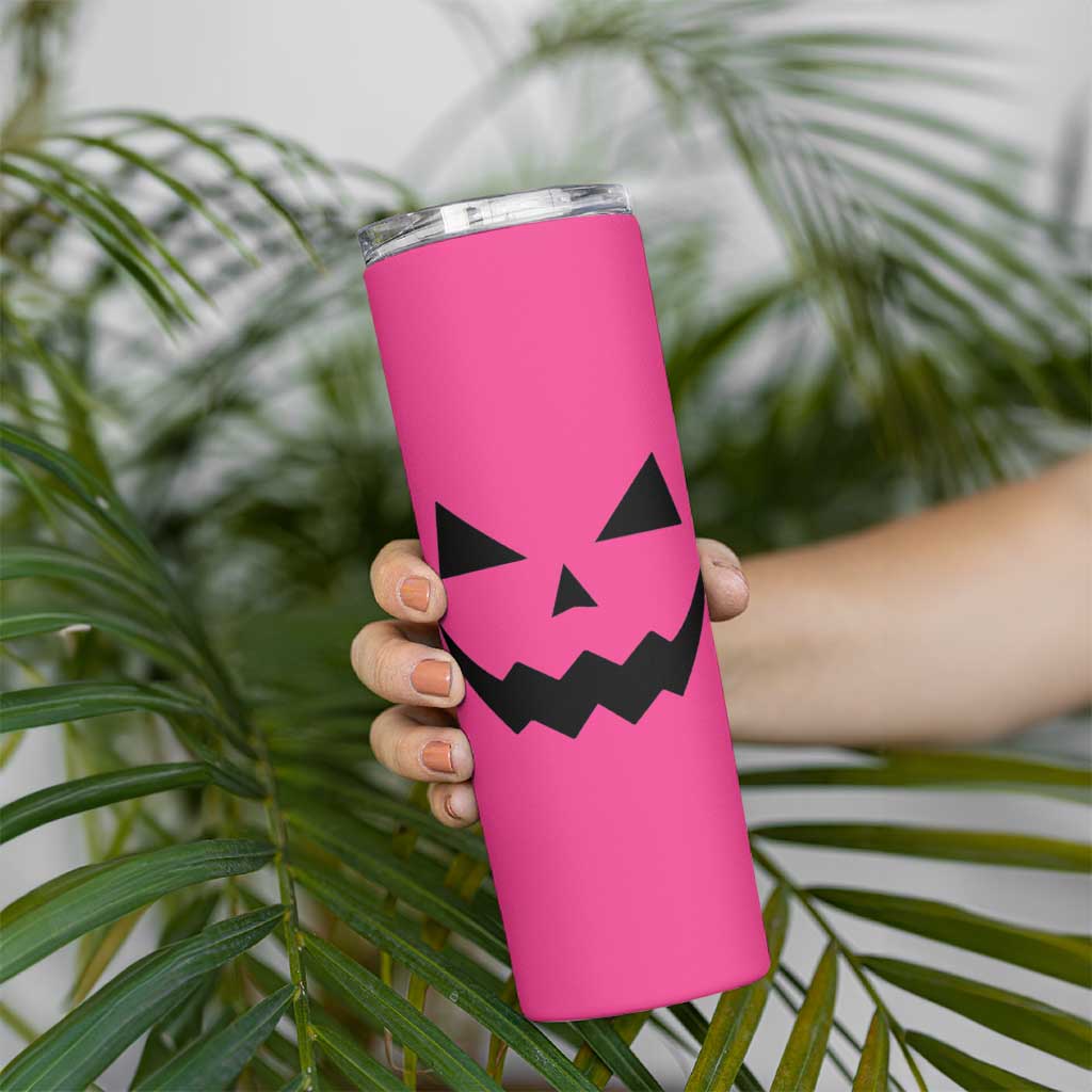 Personalized Halloween Pumpkin Face Skinny Tumbler Custom Name Travel Coffee Cup Pink - Wonder Print Shop
