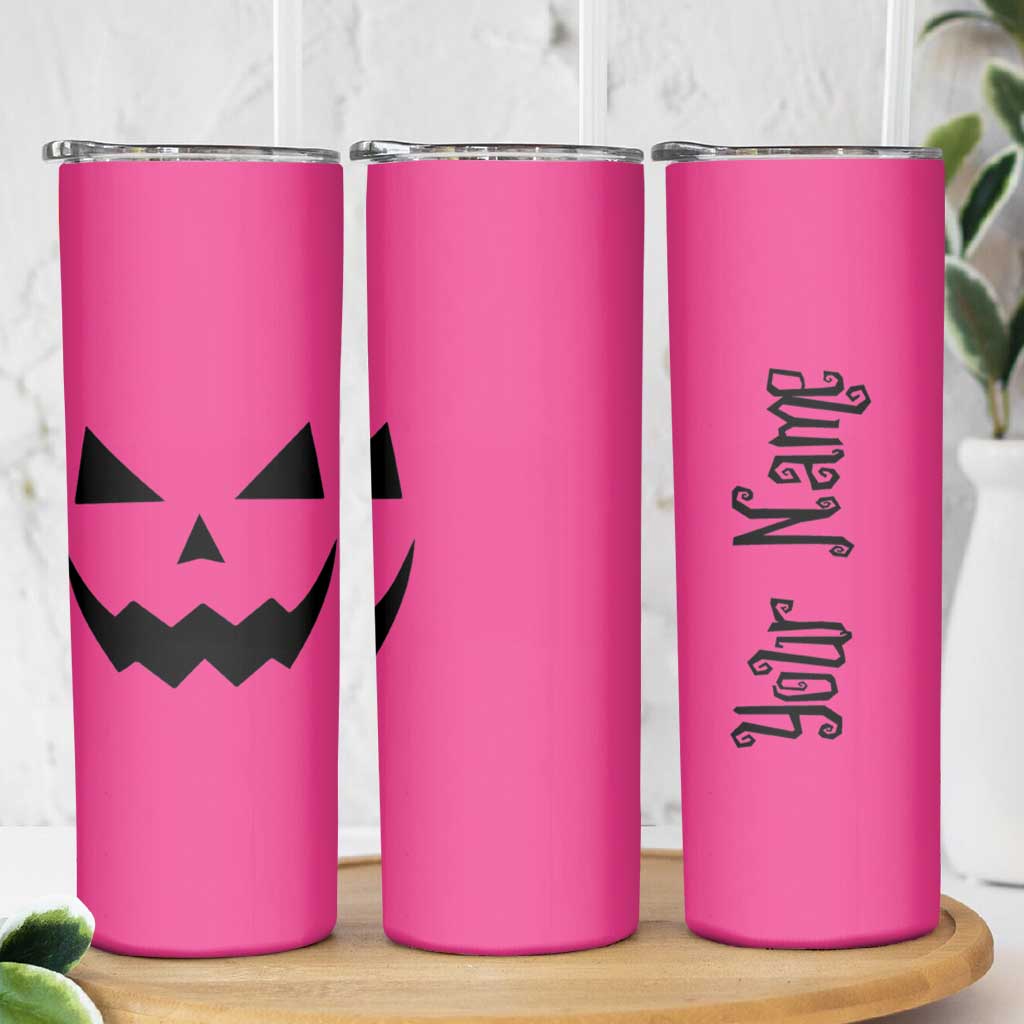 Personalized Halloween Pumpkin Face Skinny Tumbler Custom Name Travel Coffee Cup Pink - Wonder Print Shop