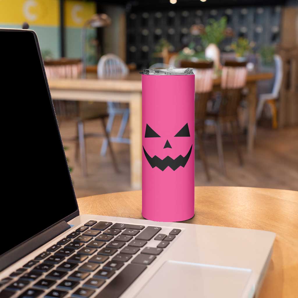 Personalized Halloween Pumpkin Face Skinny Tumbler Custom Name Travel Coffee Cup Pink - Wonder Print Shop